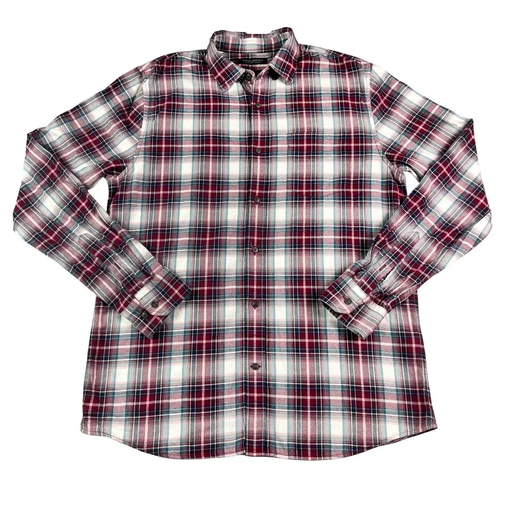 Banana Republic Mens Tall L Untucked Slim Fit Ultra-Soft Flannel Plaid Shirt Red